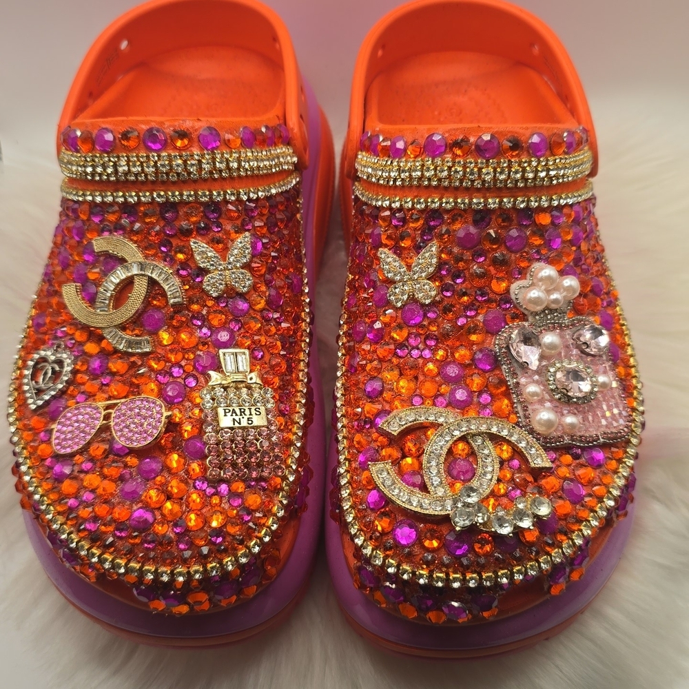 CROCS Orange and Purple Embellished Mules